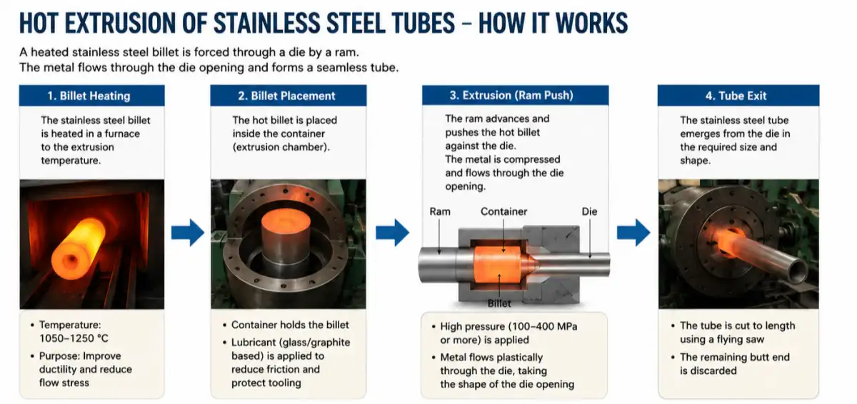 Hot extrusion process for stainless steel pipes tubes